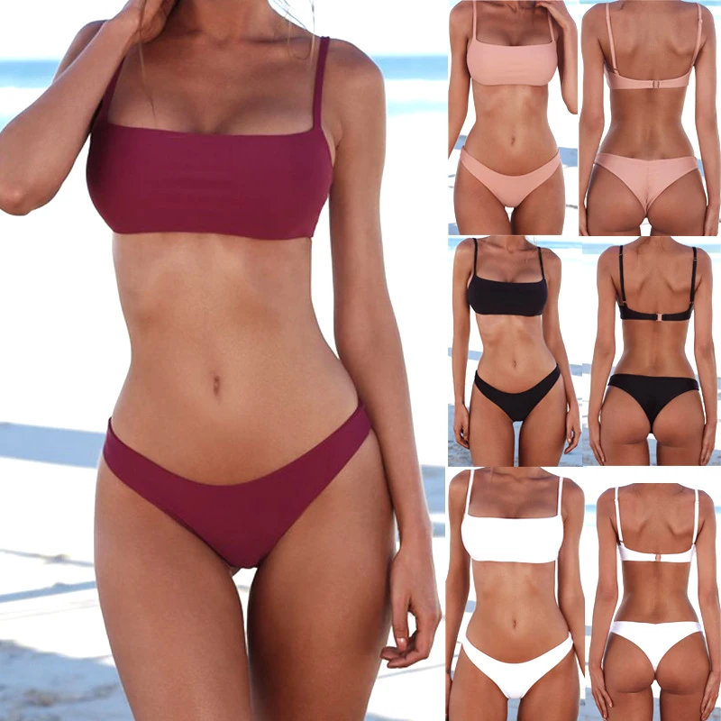 Новый сексуальный купальник бикини Однотонный женский Модный Купальник из двух