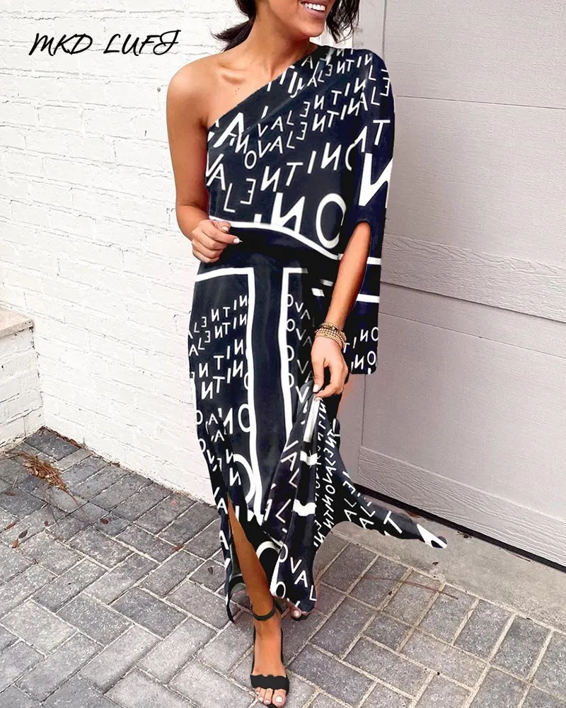Сексуальное длинное платье на одно плечо с буквенным принтом женские летние