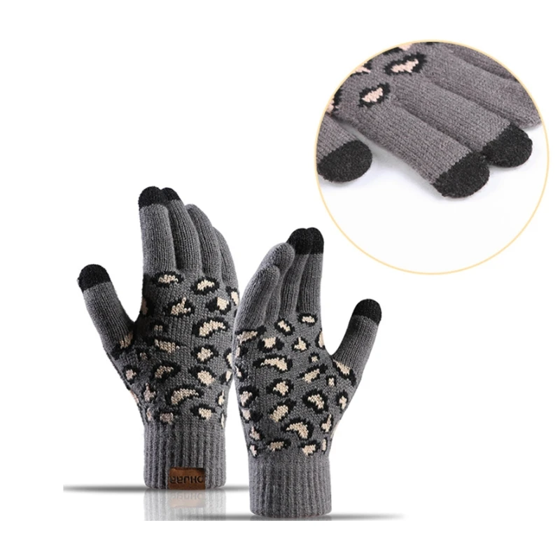 

Women Winter 3Pcs Beanie Hat Long Scarf Touch Screen Gloves Set Leopard Thick Plush Lined Knit Cuffed Pompom Skull Cap