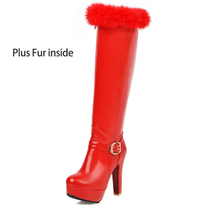 plus fur Red Lasyarrow/женские сапоги до колена; женские зимние сапоги с Плюшевым Мехом; Botas; модная теплая зимняя женская обувь на платформе с пряжкой - Цвет: plus fur Red
