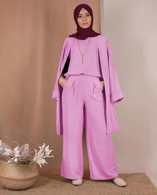 Pink set Комплект из трех предметов, абайя, арабский халат, Дубайский кафтан, турецкое кимоно, топы, штаны, мусульманский хиджаб, платье, кафтан, ислам, одежда для женщин, джелла - Цвет: Pink set