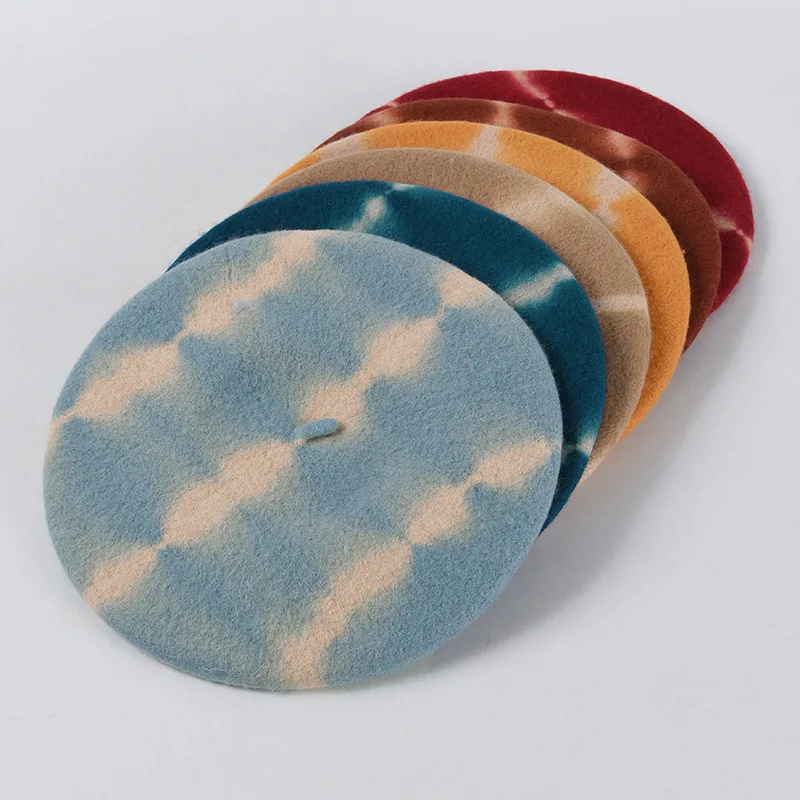 

2020 New Tie-dye Woolen Beret For Women Literary Retro Pumpkin Hat Fashion Ladies Autumn Winter Flat Hats Wholesale B050