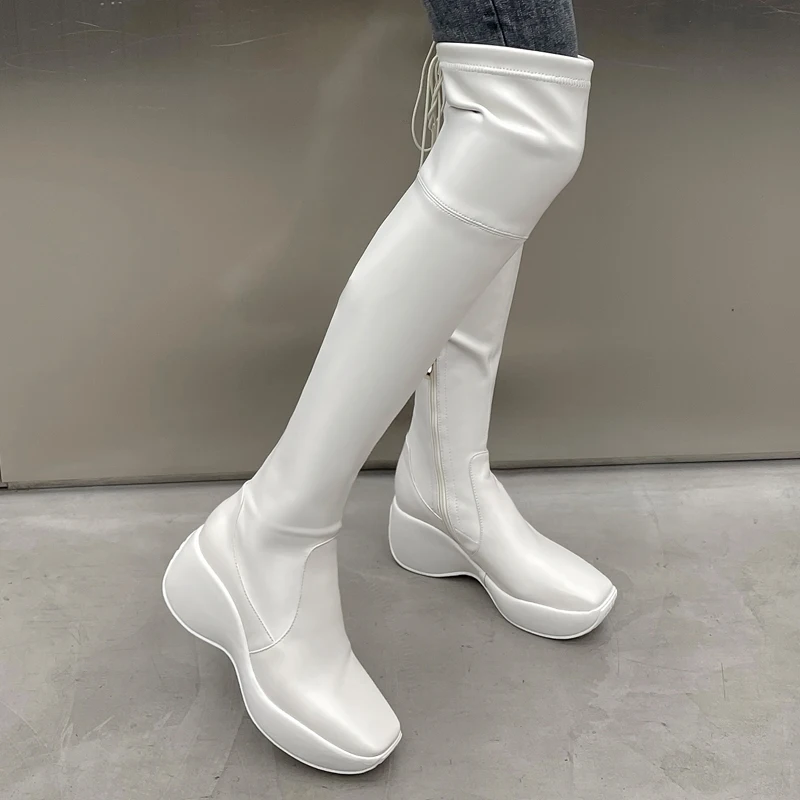 

Platform Over The Knee Boots Women High Hees Wedges Stretch Boots 2021 Winter Square Toe Long Boot Shoes Woman Botas Feminina