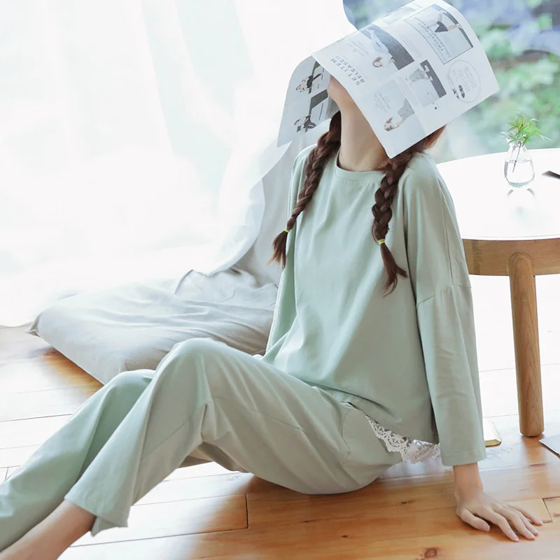 Женская футболка с длинными рукавами и штаны домашний костюм кружевной вышивкой