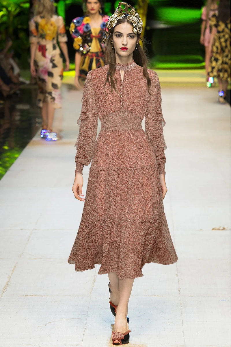 

collar Ruffle long sleeve elastic waist with broken flower print elegant swing chiffon dress new style in autumn 2020