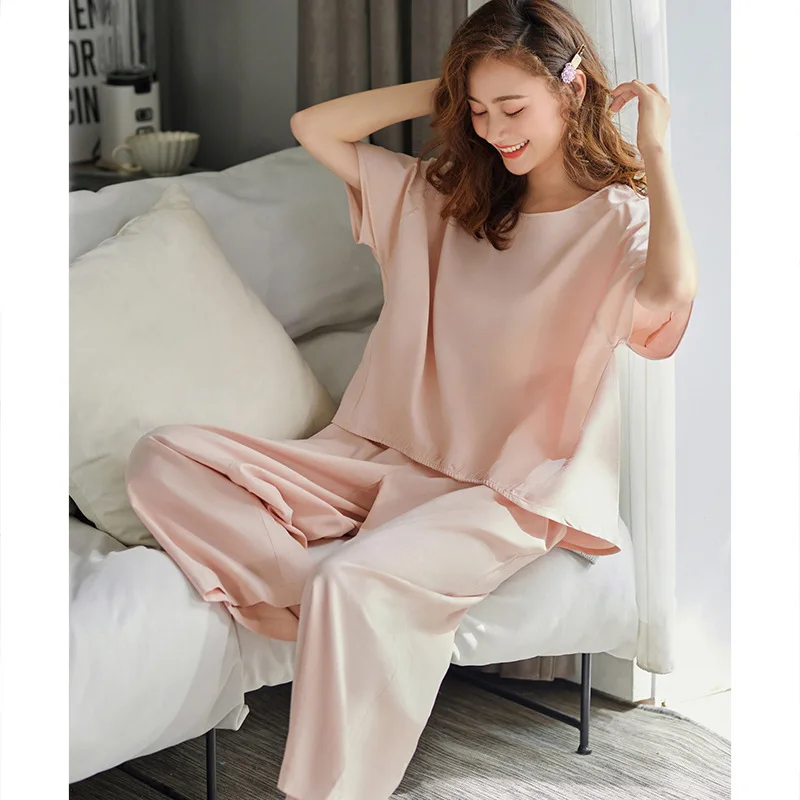 Summer New 2021 Women's Pajamas Sets Ice Silk Loose Short Sleeve Home Wear Plus Size Breathable Sleepwear Suit Nightwear