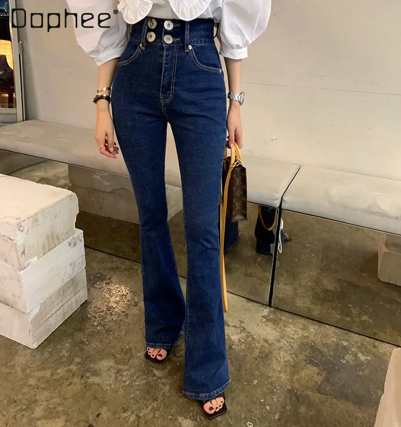 

2021 Spring New Cotton Elastic Double Breasted High Waist Wash Vintage Blue Skinny Slimming Jeans for Women