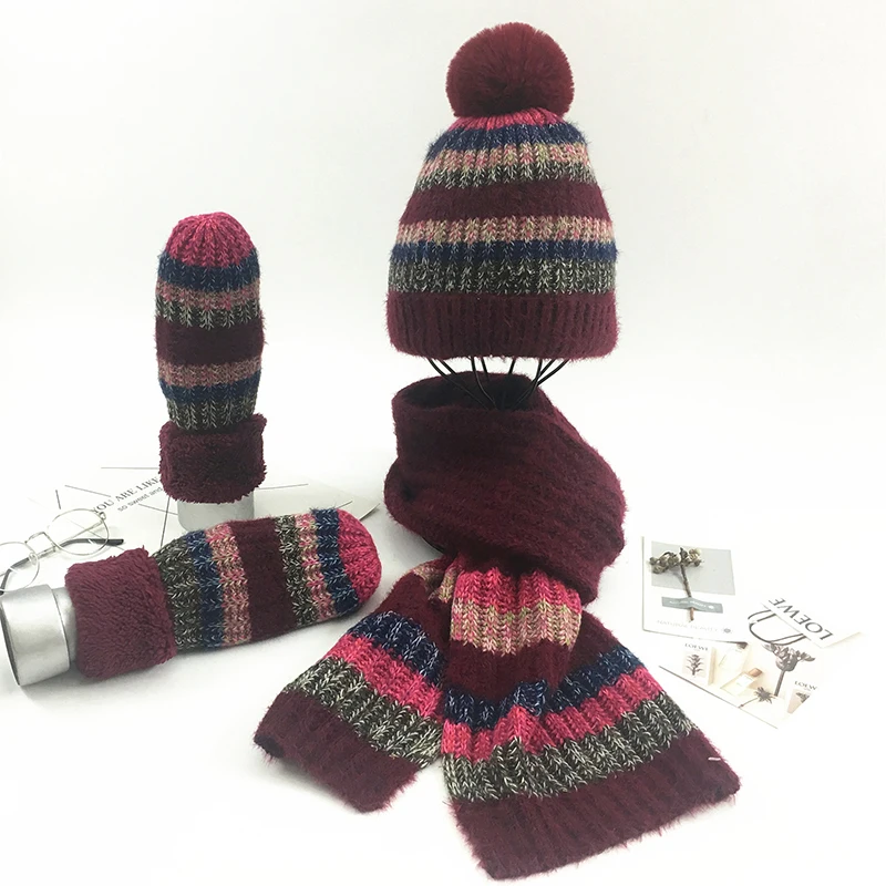 Winter Pompon Hat Scarf Goloves Set For Women Elegant Kintted Warm With Lining High-Quality Female Beanies Three-piece |