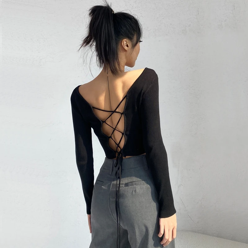 

Women Cross Over Back Knit Top Open Back With Lace Up Crop Knit Pullover