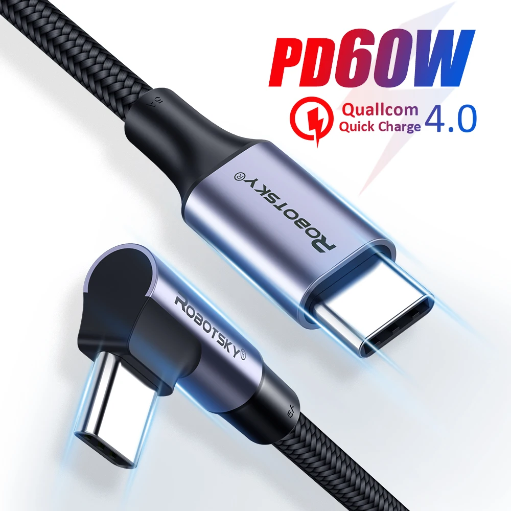 

90 Degree Elbow USB Type C to USB C Cable For Samsung Xiaomi Redmi Note 10 8 Macbook 60W Fast Quick Charger Cord PD Type-c Cable