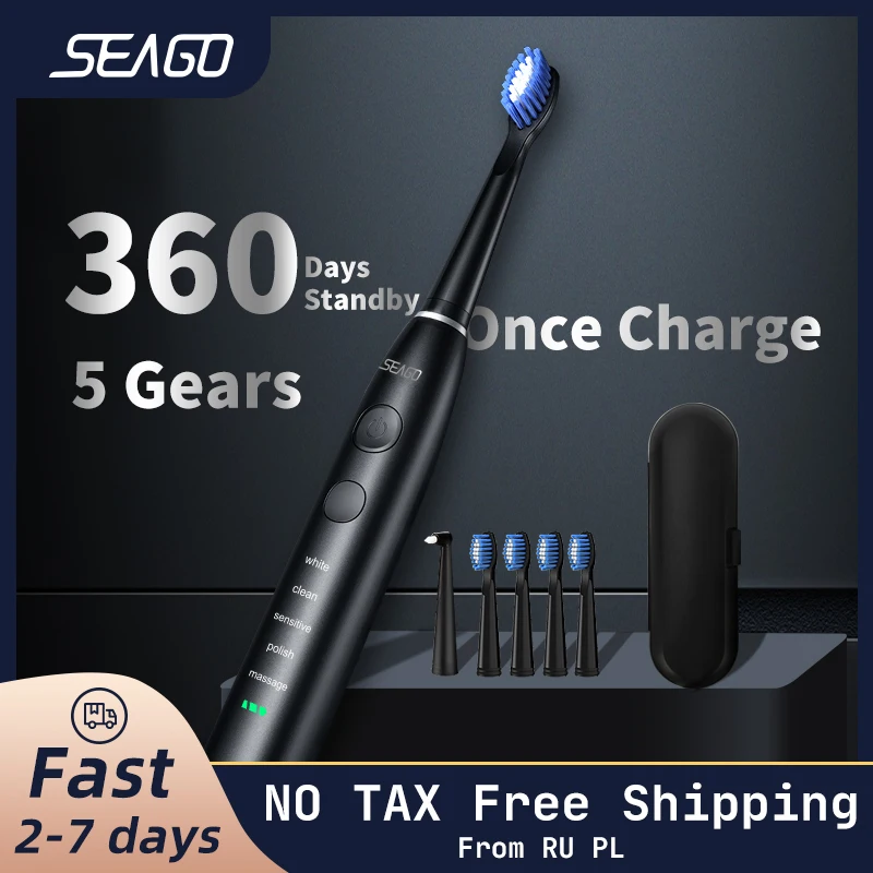 

SEAGO Sonic Electric Toothbrush Upgraded Adult Waterproof USB Rechargeable 360 Days Long Standby Time With5 Brush Head Best Gift