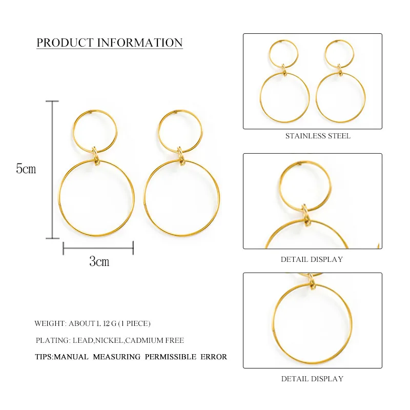 Позолоченные двойные круглые Висячие серьги для женщин в стиле панк европейские