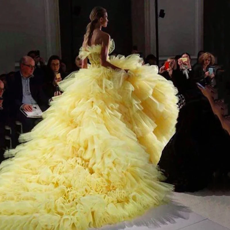 Элегантное желтое Тюлевое вечернее платье с оборками и застежкой-молнией сзади