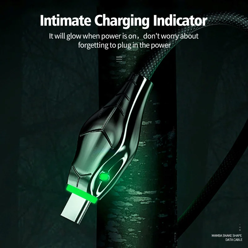 1 м Micro USB кабель для быстрой зарядки и головой змеи светится 5A Type C Iphone Samsung Xiaomi Huawei