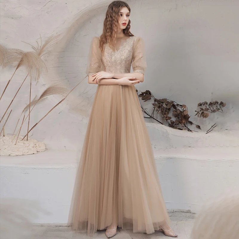 

Evening Dress High Neck Half Sleeves Elegant A-Line Floor-Length New Appliques Bling Tulle Lace Up Woman Formal Party Dress A475