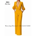 Женский атласный комбинезон с карманами, желтый комбинезон с V-образным вырезом, плиссированным рукавом 2021, со шнуровкой сзади, длиной до пола, платье для выпускного вечера, 34