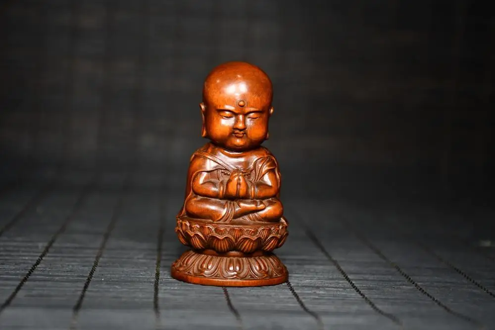 

3 "Китайская Коллекция старый самшита маленькая статуя монаха, Будды резьба монах сидя на лотоса стенд резьба по дереву Будды Амитабхи