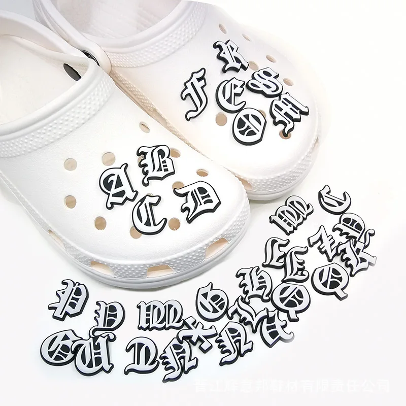 1Pcs NewStyle Croc Charms Old English Alphabet PVC Hole Shoe Shoes Flower Silver Letter Shoes Charm Shoes Decorative Accessories