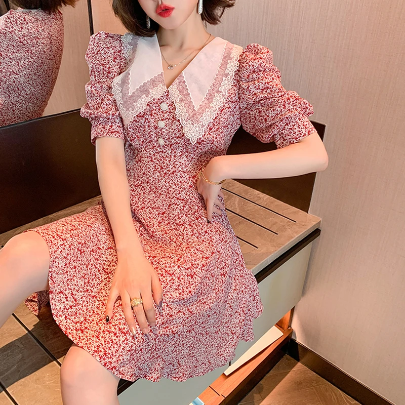 

Floral Print Lace Lapel Puff Sleeve Summer 2021 Lady High Waist Casual A-LIne Mini Dress Ladies Elegant Vintage Dresses