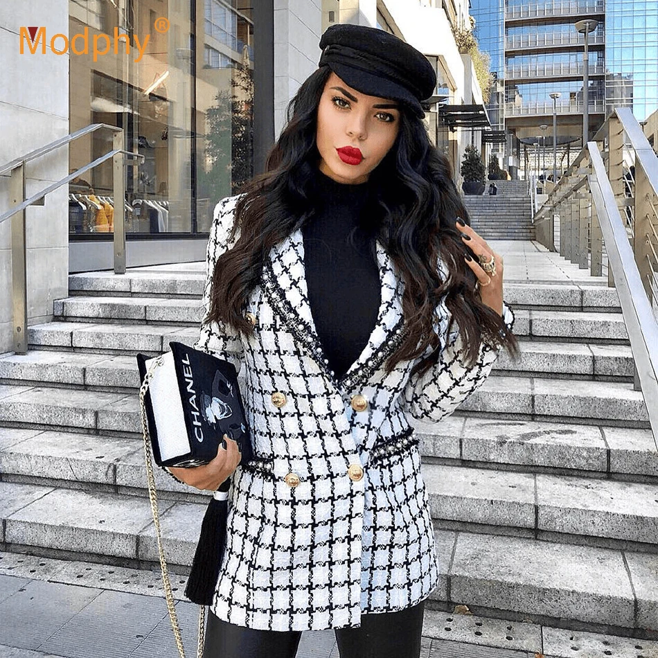 Женский двубортный Тренч в клетку облегающее пальто с длинным рукавом Клубное