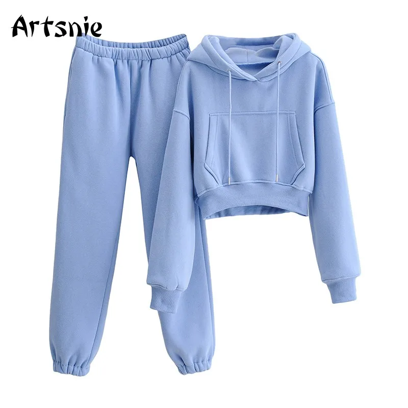 

Artsnie Winter Fleece Tracksuit Women Two Piece Set Hoodies Cropped Sweatshirts And High Waist Pants Tracksuits Outfit Mujer