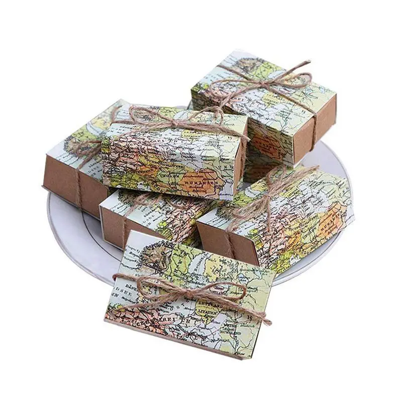 

50 Pcs Around the World Map Favor Boxes Vintage Kraft Favor Box Candy Gift bag for Travel Theme Party Wedding Birthday Bridal Sh