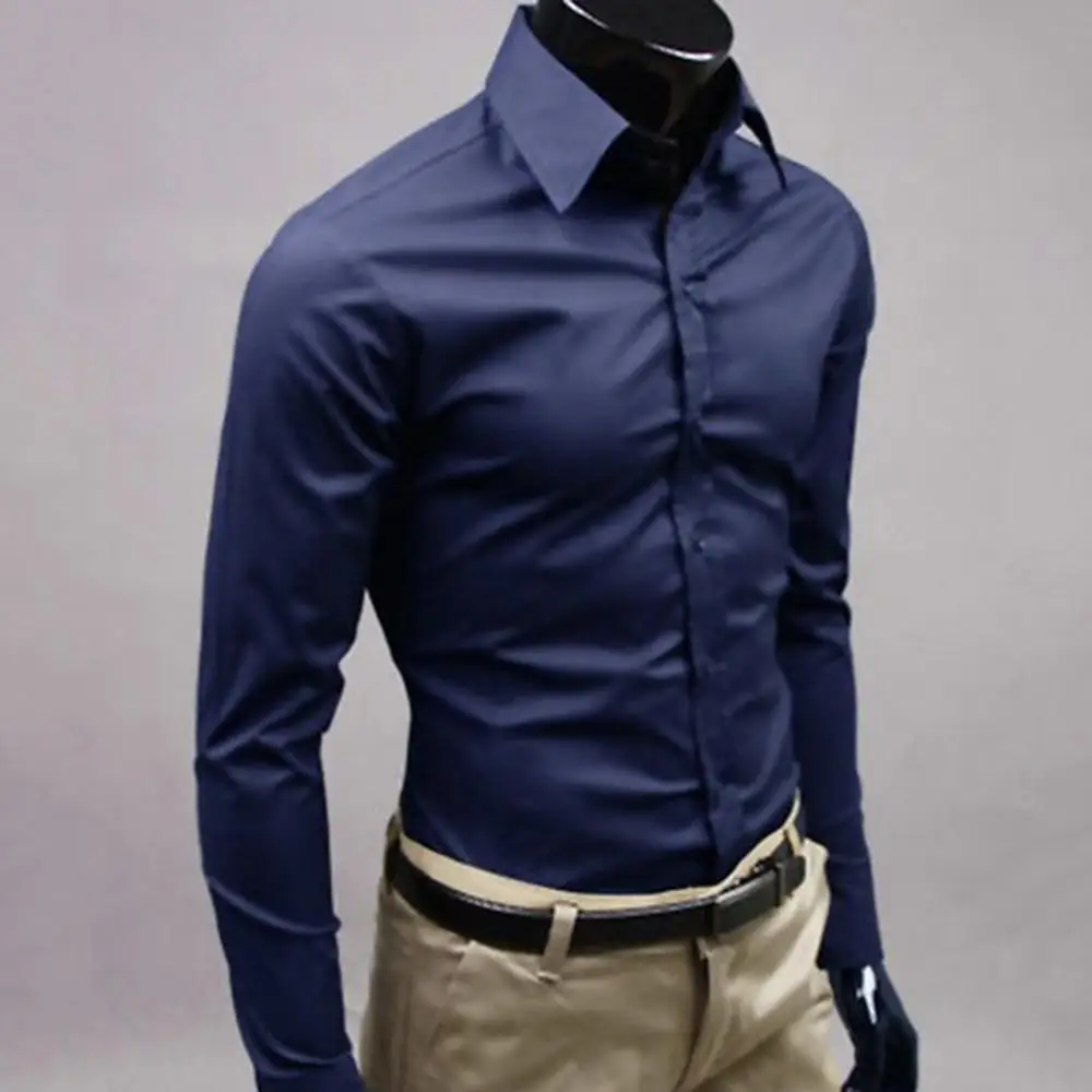 Fashion Men Solid Color Slim Long Sleeve Button Turn Down Collar Shirt Top