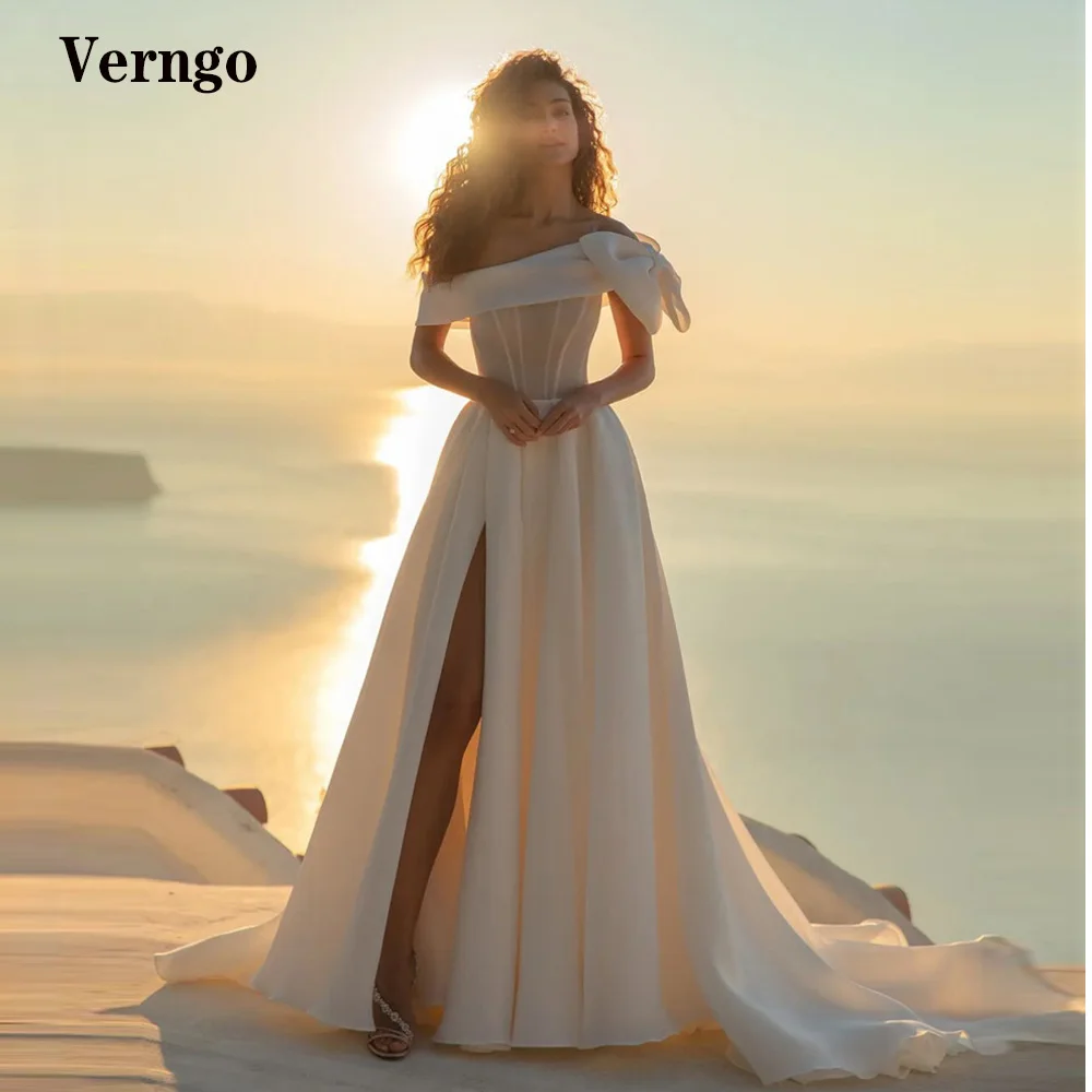 

Verngo Newest 2021 Wedding Dresses With Bowknot Off the Shoulder Bones Side Slit Elegant Bridal Gown Sweep Train Robe de mariage