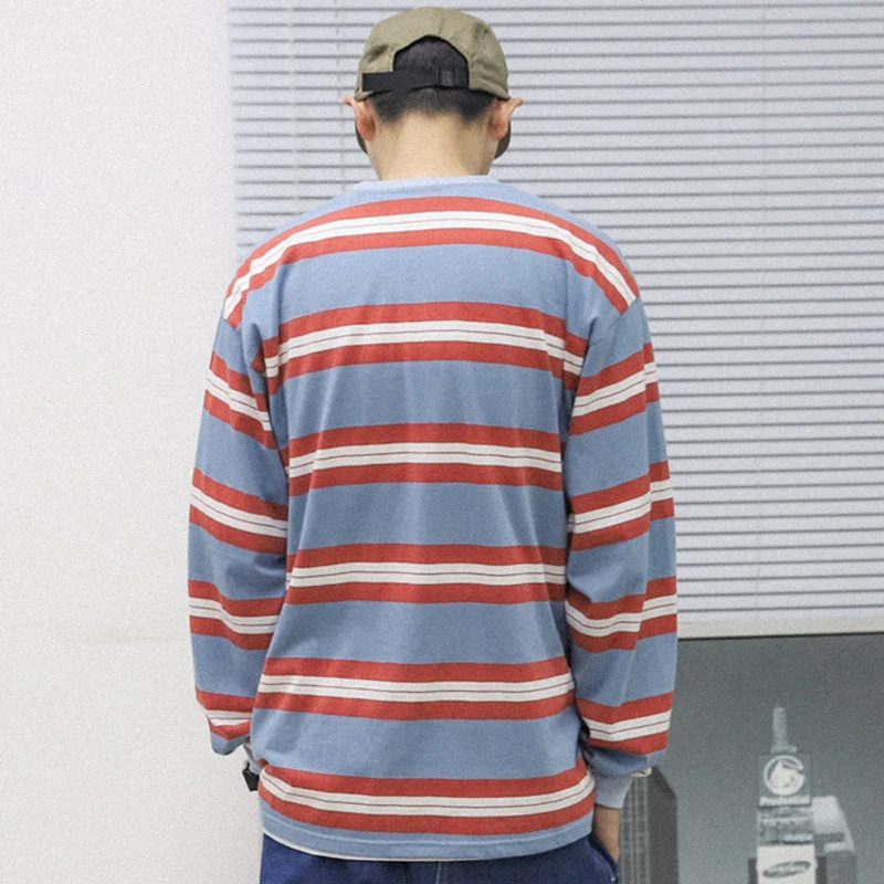 Футболка мужская с длинным рукавом и круглым вырезом в горизонтальную полоску |