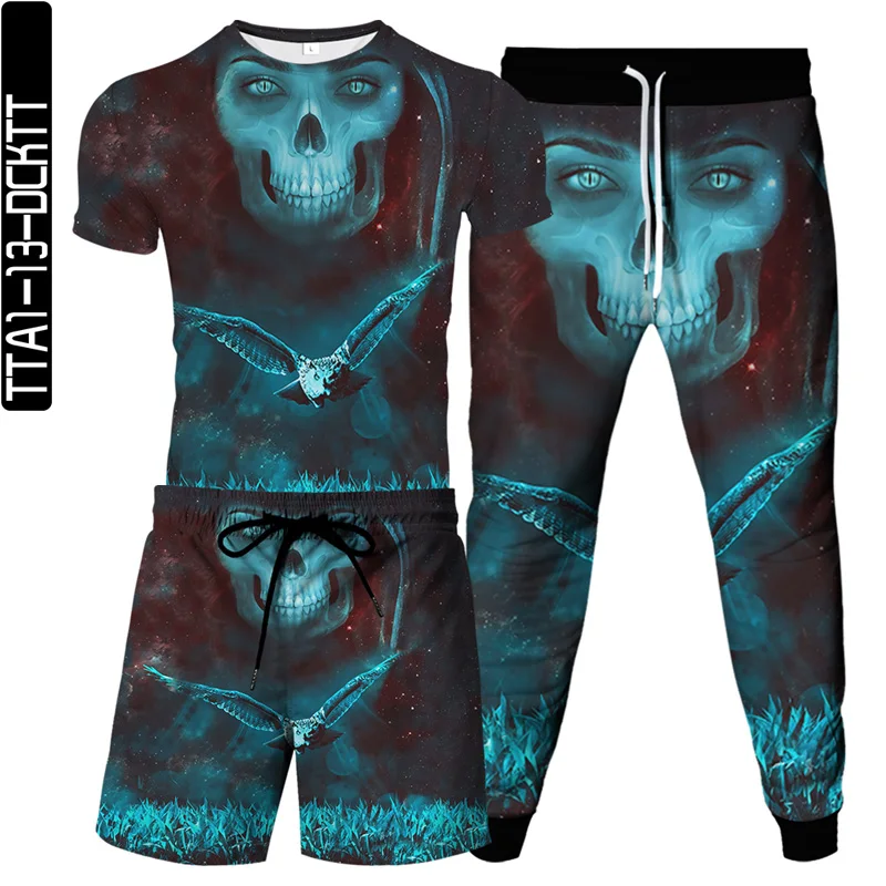 

Skull 3D Hip Hop Funny Style Male Short-sleeved Shorts Trousers Summer Men Women Three Piece Suits New Couples Unisex Tops Suit