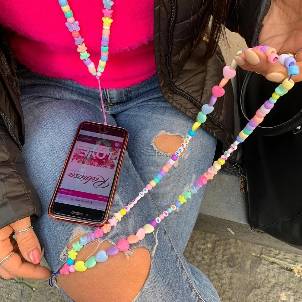 new summer colorful beads long mobile phone chain lanyards for women girls bohemia necklace handmade for phone case hanging cord free global shipping