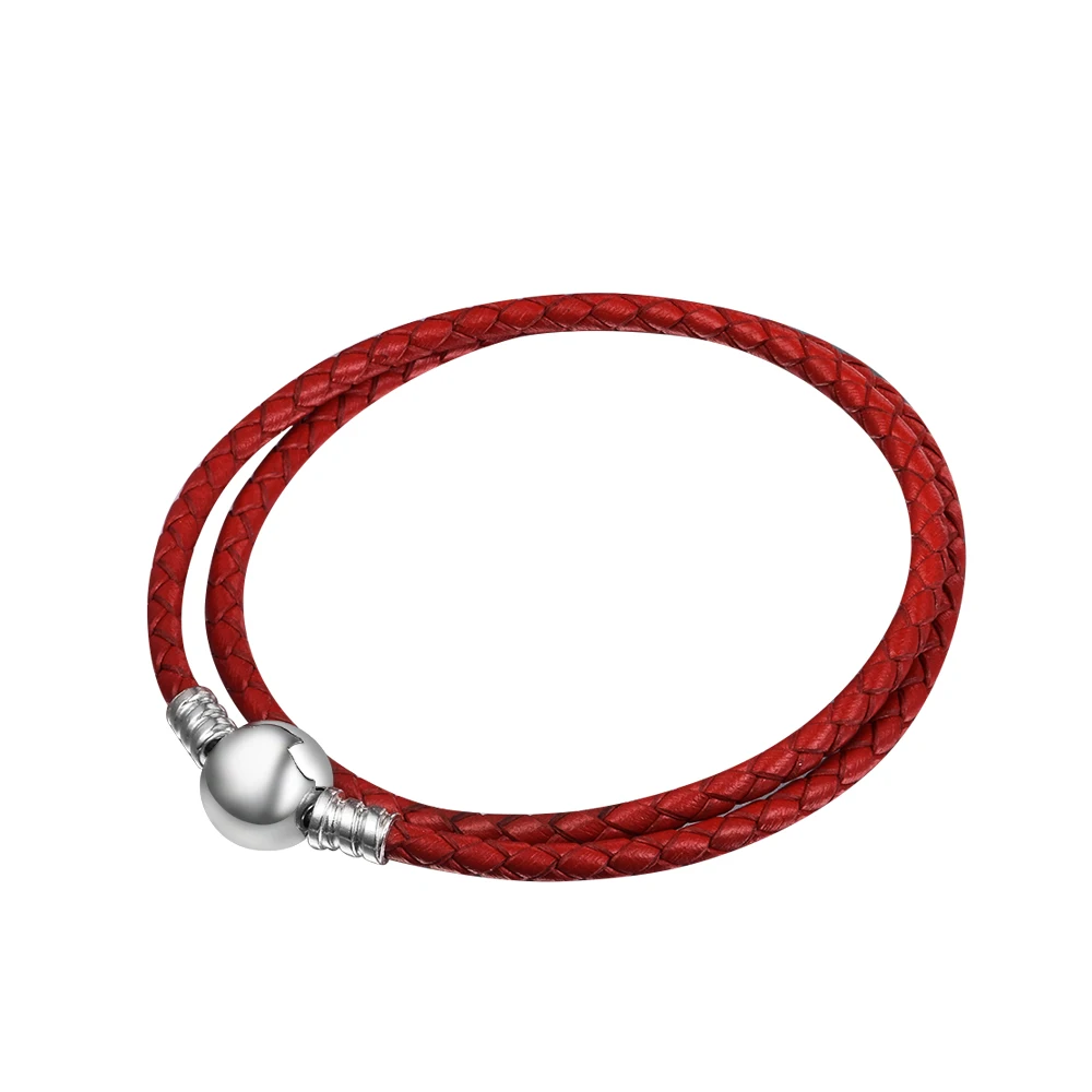

Браслет женский из серебра 100% пробы, красный плетеный двойной кожаный браслет с круглой застежкой
