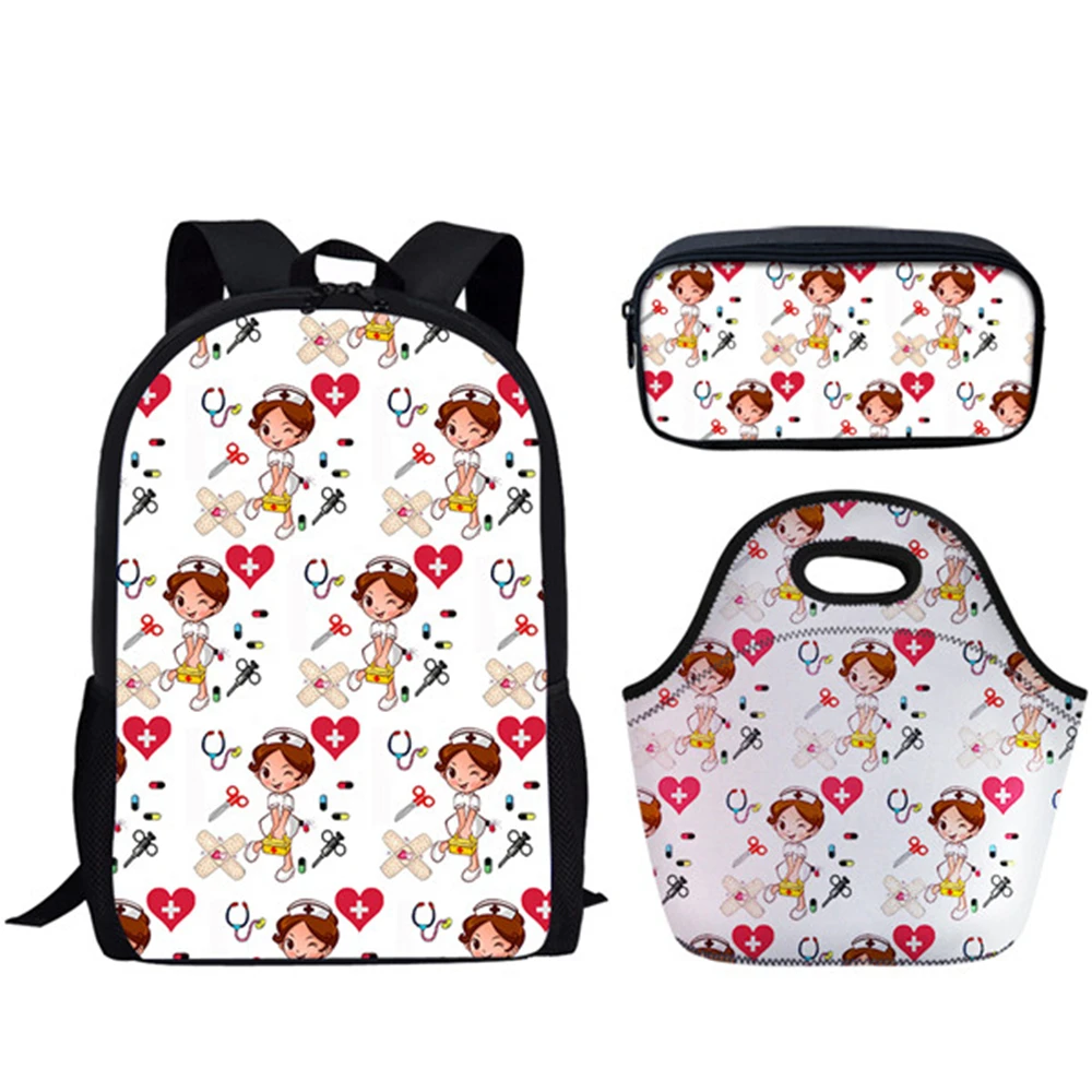 HALYUNASC Fashion 3PCs/Set Children's School Backpack Cartoon Bear Nurse Pattern School Bags Teenagers Book-Bags Set