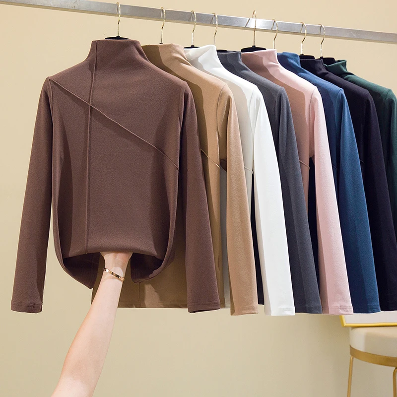 

2021 Long Sleeve Thick T Shirt Women Winter Tops Turtleneck Warm T-Shirt Korean Cotton Tshirt Woman Tee Shirt Femme Pink Blue
