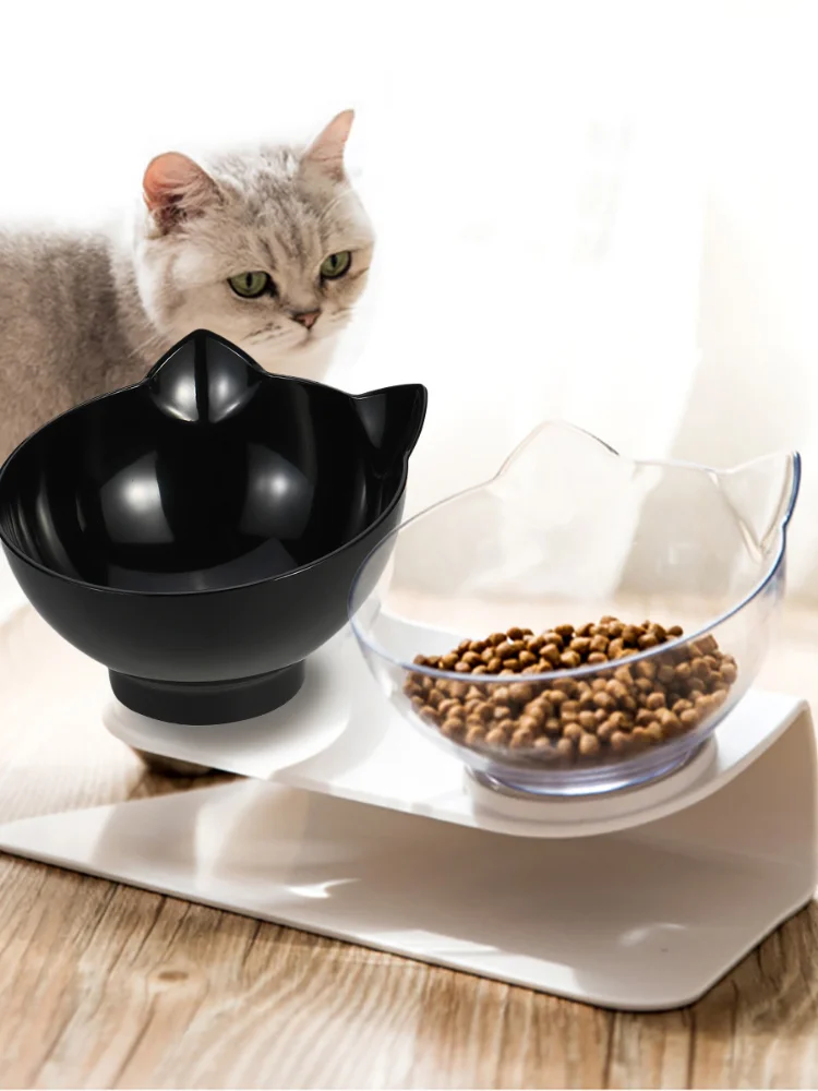 

Нескользящие чаши для кошек, двойная чаша с поднятой подставкой, защита шеи, креативная Прозрачная Чаша для кошек, аксессуары для домашних животных