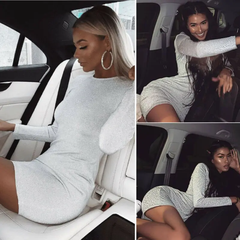 Модное женское платье с блестками длинным рукавом облегающее коктейльное