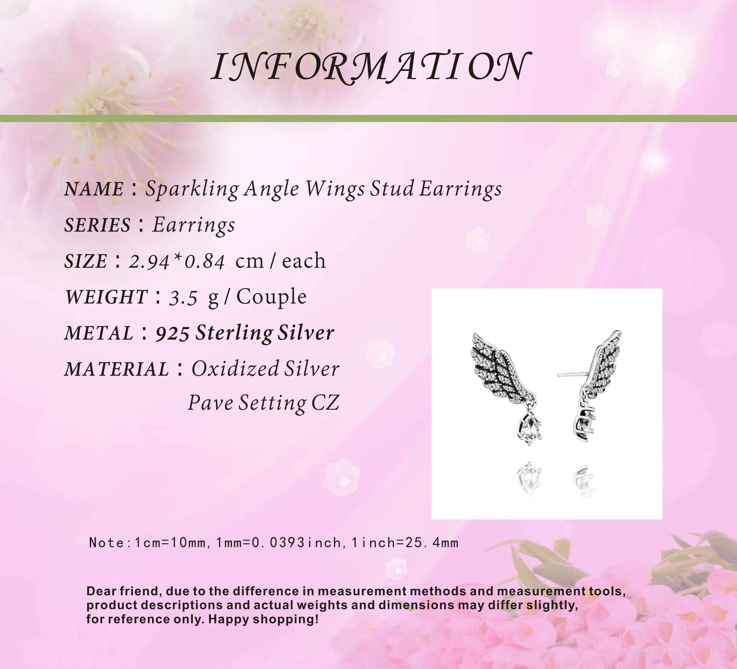 Серьги-гвоздики женские из серебра 100% пробы со сверкающими ангельскими крыльями