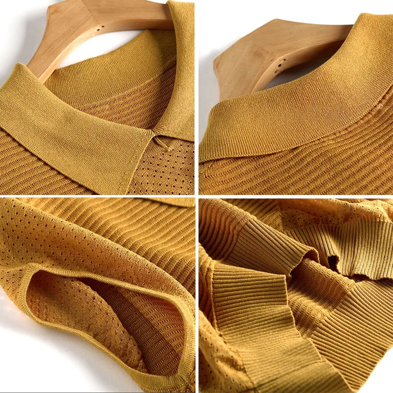 

Solid Patchwork Sleeveless Knitted T-Shirt Women Summer Loose Mom's Knitwear Tops Korean Style Turn-Down Collar Pullover Tee