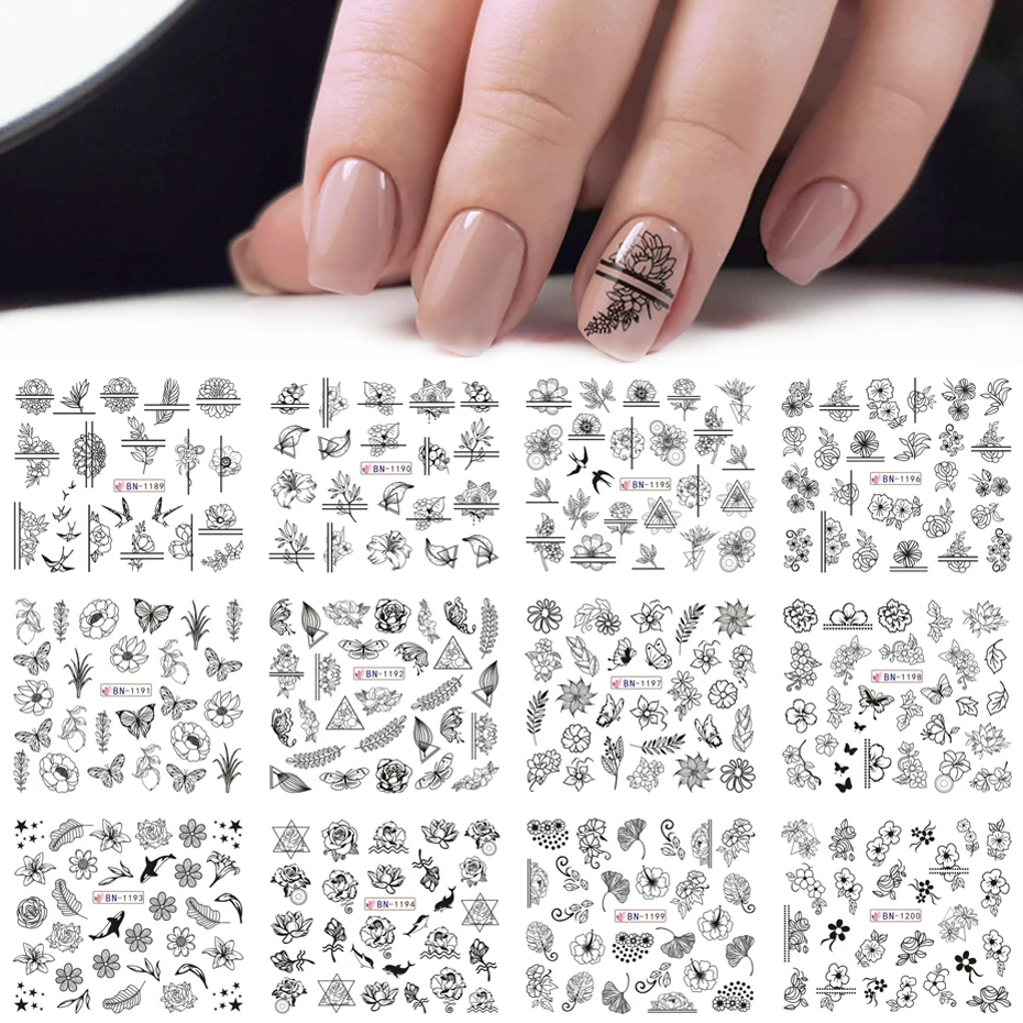

12pcs Mix Black Flower Nail Art Sticker Decals Hollow Floral Butterfly Water Transfer Slider Manicure Decoration SABN1189-1200