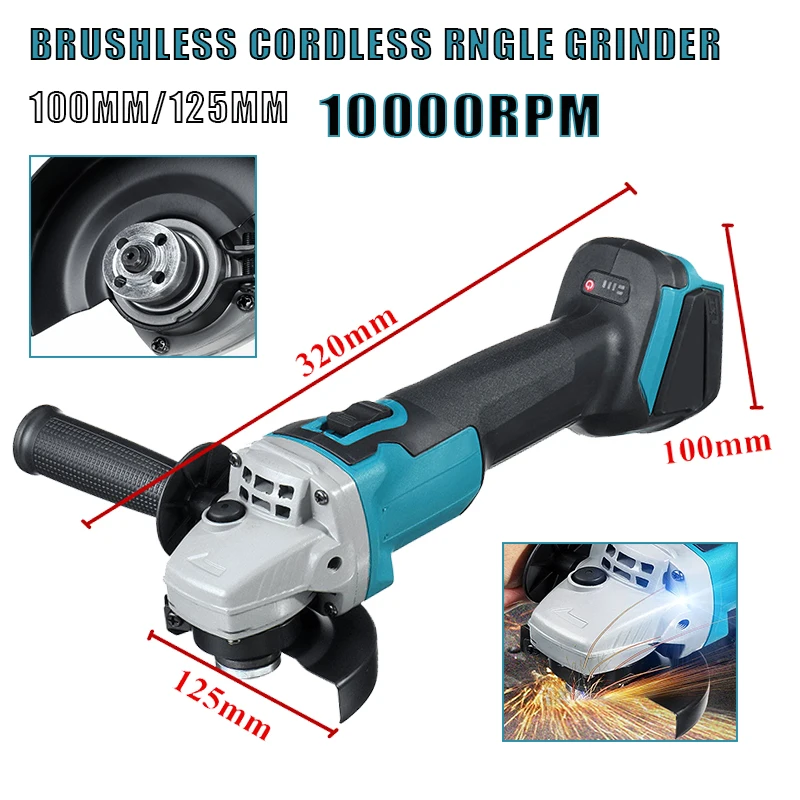 

100/125mmBrushless Impact Electric Angle Grinder Grinding Machine Cordless DIY Woodworking Power Tool For 18V Makita Battery
