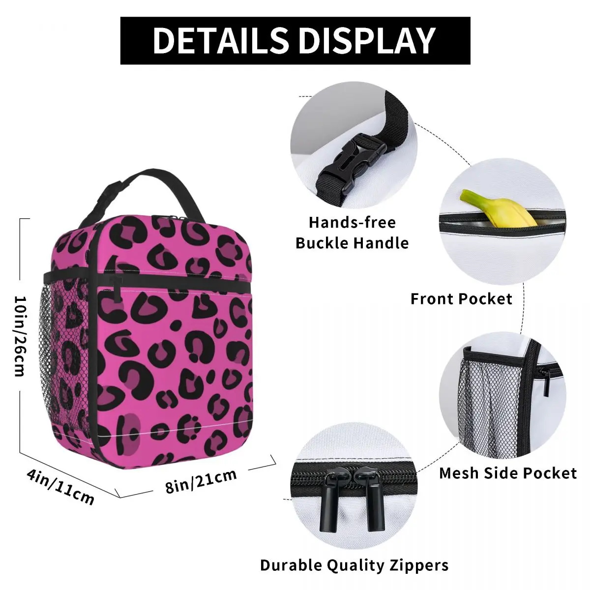 

Pink Leopard Lunch Bag for Women Men Large Insulated Lunch Box with Water Bottle Holder and Pockets