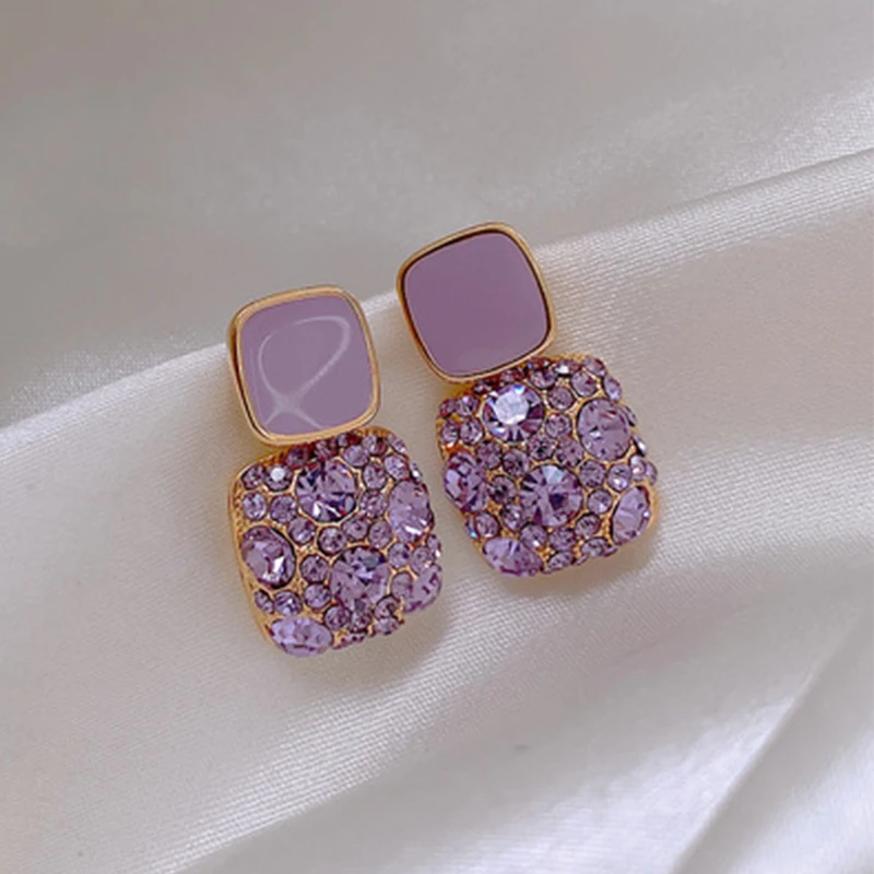 

New 2020 Korean Purple Shiny Crystal Geometric Women Earrings Contracted Sweet Lovely Heart Fine Fashion Drop Earrings Jewelry