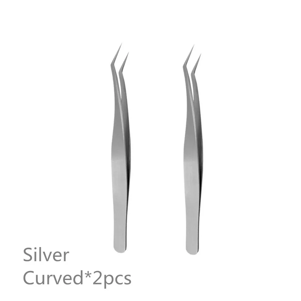 2 PCS Silver Curved Профессиональная розовая норка наращивание ресниц пинцеты прямые, изогнутые 3D объемные ресницы высокого качества пинцет - Цвет: 2 PCS Silver Curved
