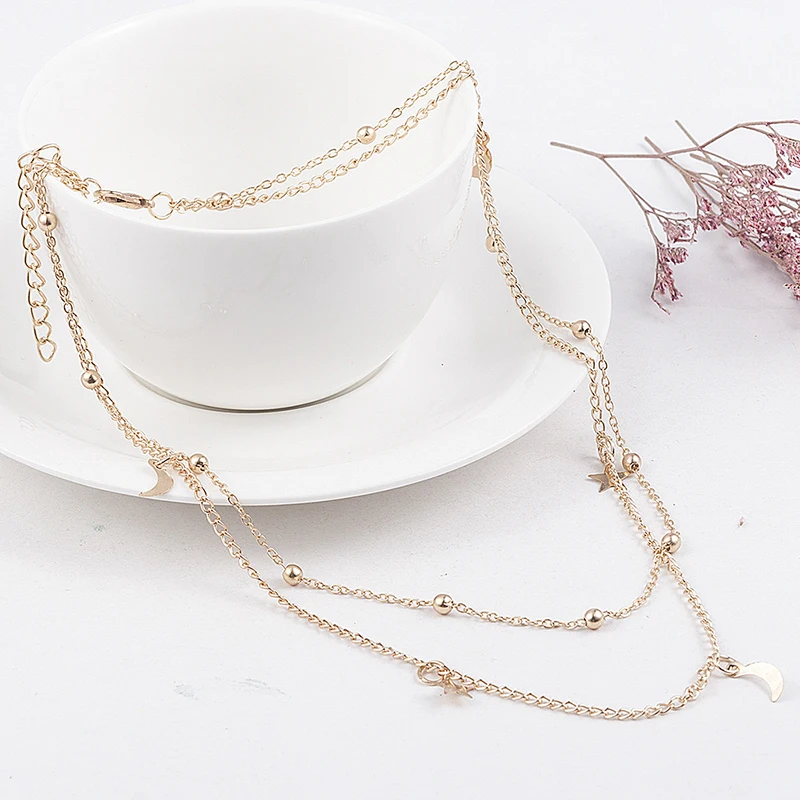 

Fashion Multilayer Stainless Steel Endant Women Gold Silver Color Beads Moon Star Horn Crescent Double Chain Choker Necklaces