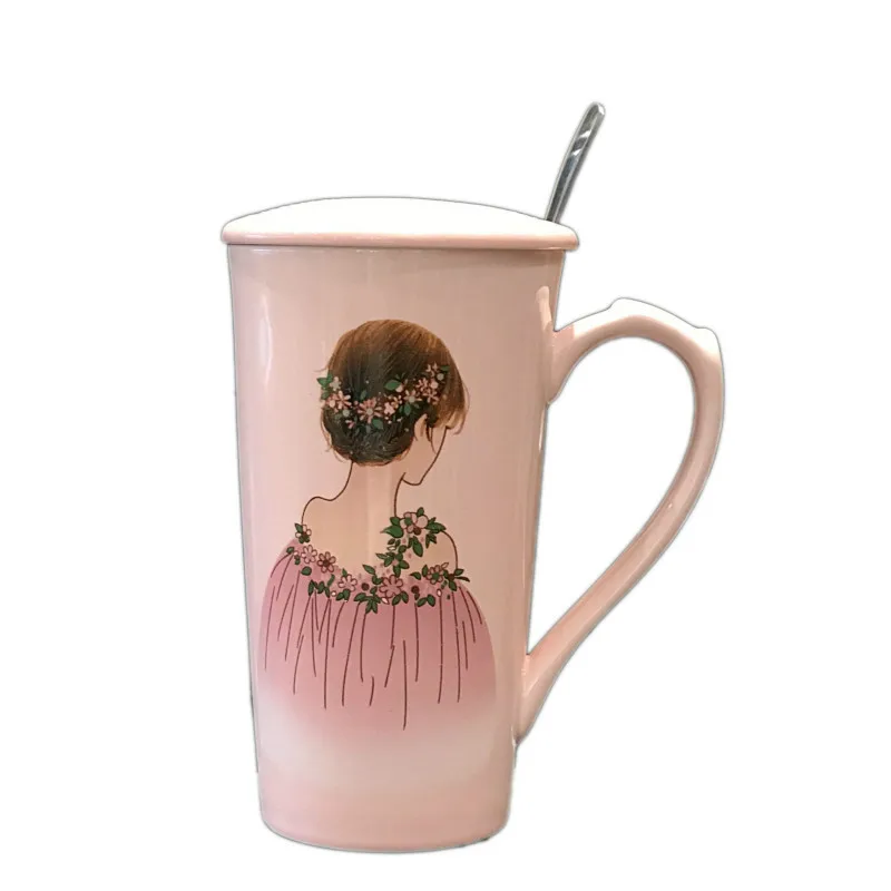 

420ml pink color cute women water ceramic mug office coffee ceramic cup 0409-4