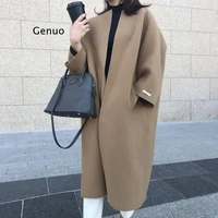 women new year woolen coat 2021 coffee color long loose slim elegant fashion casual female autumn winter warm wear thick