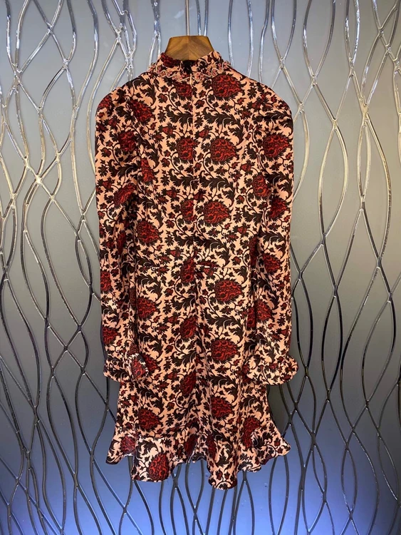 

2021 early spring new women's stand-up collar printing pattern color matching decoration long-sleeved fishtail dress 10