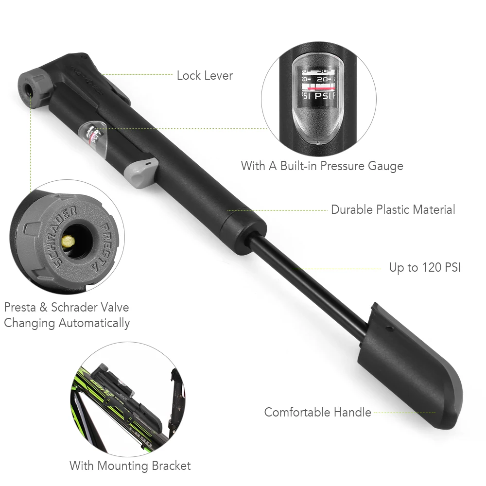 Mini Bike Pump Bicycle High Pressure Air Built-in Gauge Puncture Repair Kit Fits for Presta Schrader Valve | Инструменты