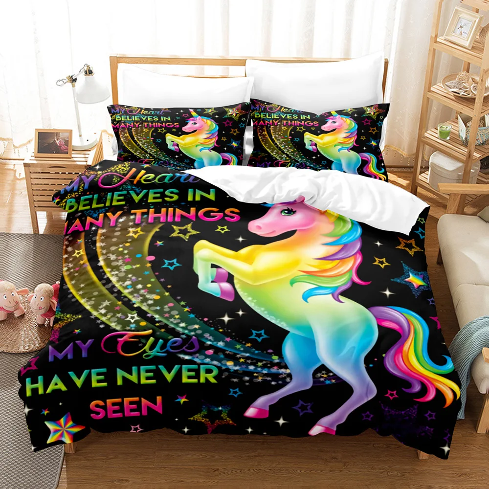 

Pretty Unicorn Rainbow 100% Microfiber 3D Printed Black Bedding Sets Duvet Cover Set Gift for Little Girls