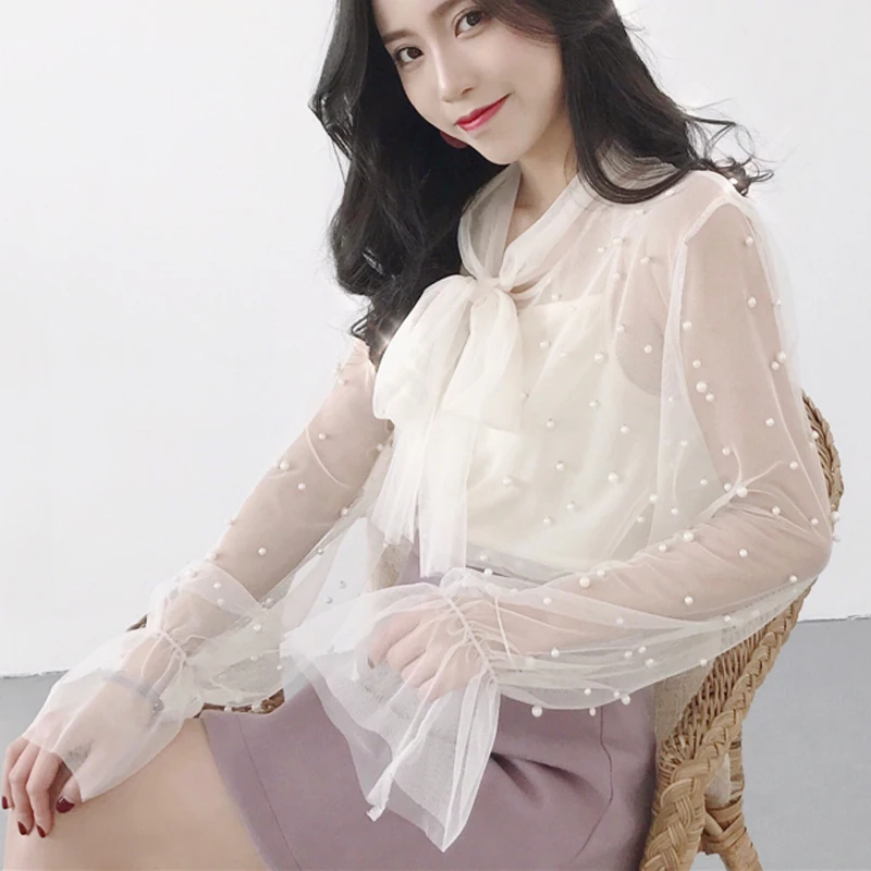 

2021 White Blosue Autumn Women Chiffon Shirt Gauze Bow Beading Pink with Lace Lady's Tops Female Office Shirts Blusa